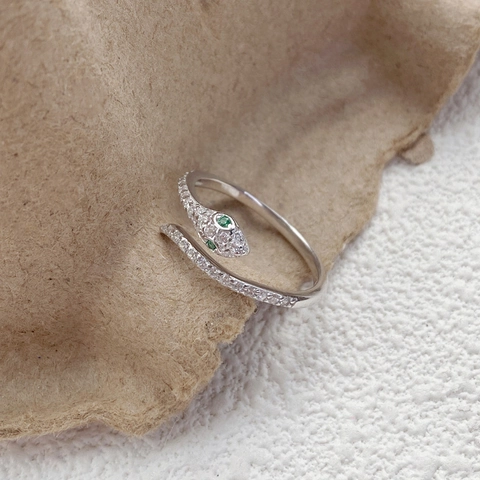 Anello Serpente in Argento Sterling 925 Apertura Regolabile Zirconia Cubica Occhi Verdi Forma Animale Anello per Donna Gioielli