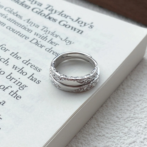 Minimalist 999 Sterling Silver Glacier Texture Adjustable Open Ring Niche Design Hammered Finish Jewelry For Men And Women Gift