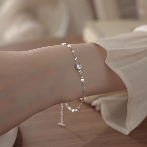 Minimalist S925 Sterling Silver Bracelet Round Cubic Zirconia Single Stone Bezel Set Adjustable Chain Jewelry For Women Gift