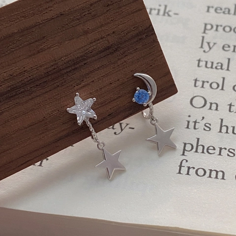 925 Sterlingsilber Asymmetrische Stern Mond Ohrclips Für Damen Leichter Luxus Ohne Ohrlöcher Strass Ohrstecker Design Schmuck