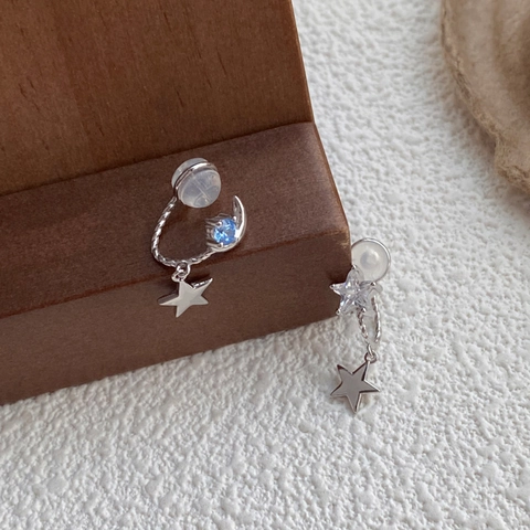 925 Sterlingsilber Asymmetrische Stern Mond Ohrclips Für Damen Leichter Luxus Ohne Ohrlöcher Strass Ohrstecker Design Schmuck