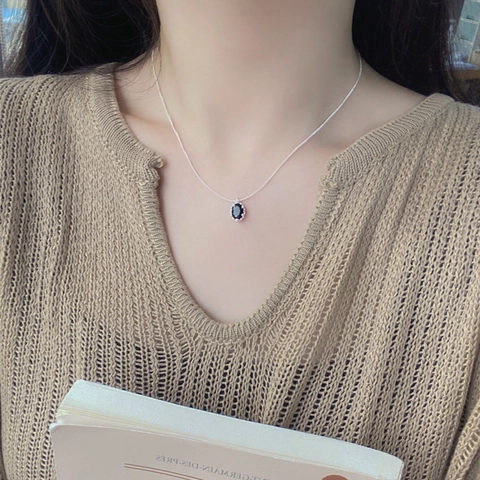 S925 Sterling Silver Black Zirconia Oval Pendant Necklace For Women Minimalist Personalized Clavicle Chain Jewelry Gift