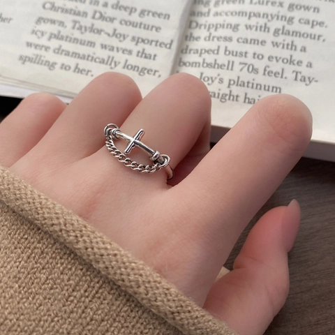 Anillo de Cadena con Cruz de Plata de Ley 925 Vintage para Mujer Apertura Ajustable Estilo Punk Gótico Plata Antigua Joyería de Dedo Pulida