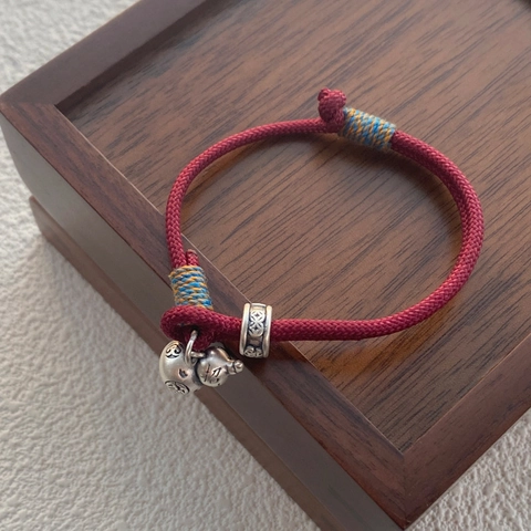 Pulsera de Cordón Rojo con Colgante de Calabaza de Plata de Ley S999 Hecha a Mano Tejida Carácter Fu Suerte Joyería para Mujer