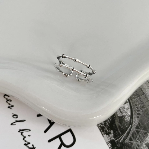 Anillo Abierto de Plata de Ley 925 Vintage Doble Capa Bambú para Mujer Anillo de Dedo Ajustable Minimalista Joyería Regalo