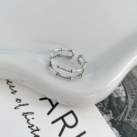Anillo Abierto de Plata de Ley 925 Vintage Doble Capa Bambú para Mujer Anillo de Dedo Ajustable Minimalista Joyería Regalo