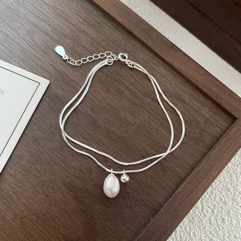 Elegante Bracciale a Doppio Strato in Argento Sterling 925 per Donna Minimalista con Perla d'Acqua Dolce Catena a Serpente Gioielli