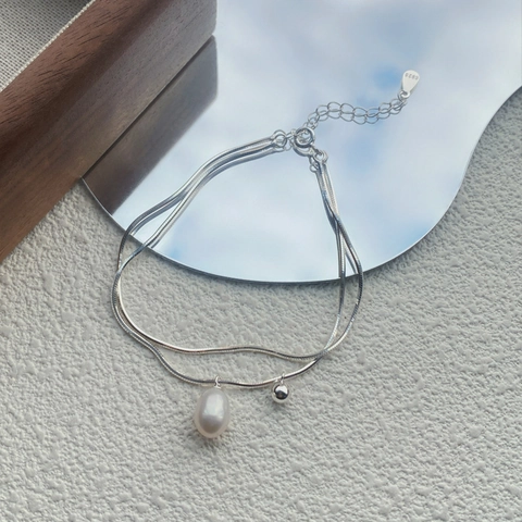 Elegante Bracciale a Doppio Strato in Argento Sterling 925 per Donna Minimalista con Perla d'Acqua Dolce Catena a Serpente Gioielli