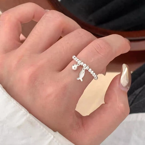 S925 Sterlingsilber Perlen Ring Für Damen Minimalistisch Handgefertigt Elastisches Seil Kleiner Fisch Ball Anhänger Schmuck Geschenk
