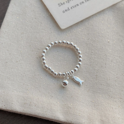 S925 Sterlingsilber Perlen Ring Für Damen Minimalistisch Handgefertigt Elastisches Seil Kleiner Fisch Ball Anhänger Schmuck Geschenk