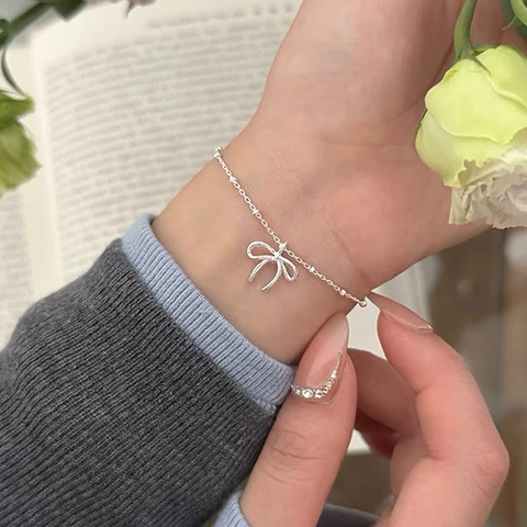 Élégant Bracelet en Argent Sterling 925 Style Coréen Simple Pendentif Nœud Chaîne à Billes Bijoux Ajustables pour Femmes