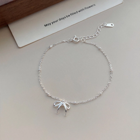 Élégant Bracelet en Argent Sterling 925 Style Coréen Simple Pendentif Nœud Chaîne à Billes Bijoux Ajustables pour Femmes