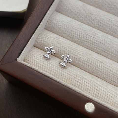 Vintage Gothic Fleur-de-lis Stud Earrings S999 Pure Sterling Silver Minimalist Flower Ear Jewelry For Men Women Daily Accessory