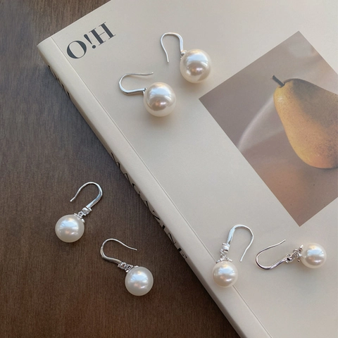 Pendientes Colgantes de Plata Pura S999 Perla Artificial Con Diamantes de Imitación Elegantes Pendientes de Gancho Geométrico para Mujer Joyería Regalo