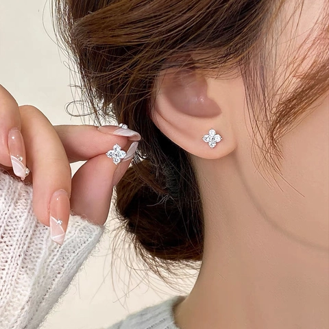 Pendientes de Botón de Trébol de Cuatro Hojas de Plata de Ley S999 Circonia para Mujer Joyería de Moda Inlay de Flor