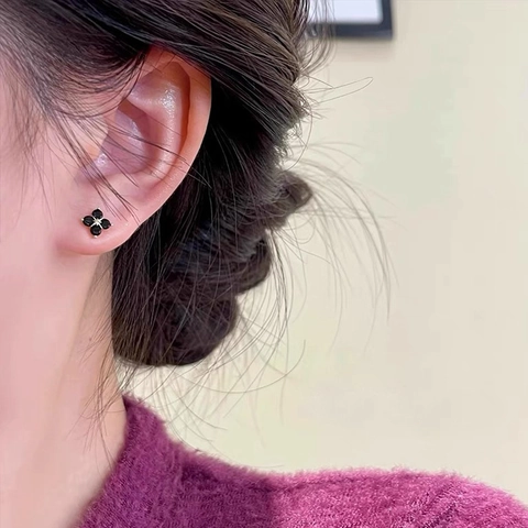 Pendientes de Botón de Trébol de Cuatro Hojas de Plata de Ley S999 Circonia para Mujer Joyería de Moda Inlay de Flor
