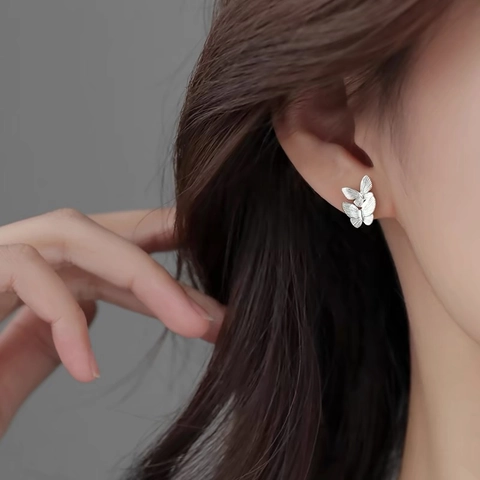 S999 Sterling Silver Butterfly Stud Earrings For Women Minimalist Double Butterfly Design Threaded Screw Back Polished