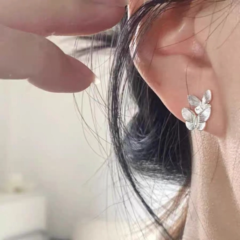 S999 Sterling Silver Butterfly Stud Earrings For Women Minimalist Double Butterfly Design Threaded Screw Back Polished