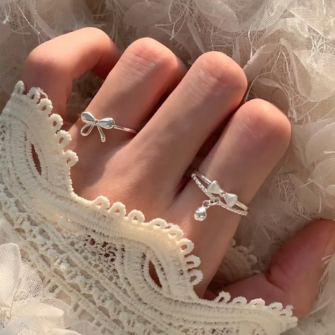 Süß S925 Sterlingsilber Schleife Zweischichtig Ring Für Damen Verstellbar Offen Strass Künstliche Perle Ring Schmuck