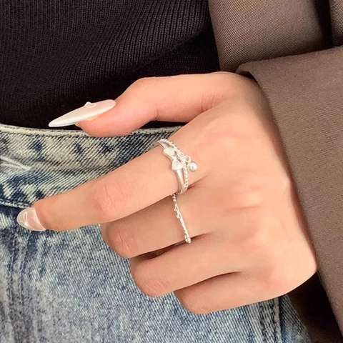 Süß S925 Sterlingsilber Schleife Zweischichtig Ring Für Damen Verstellbar Offen Strass Künstliche Perle Ring Schmuck