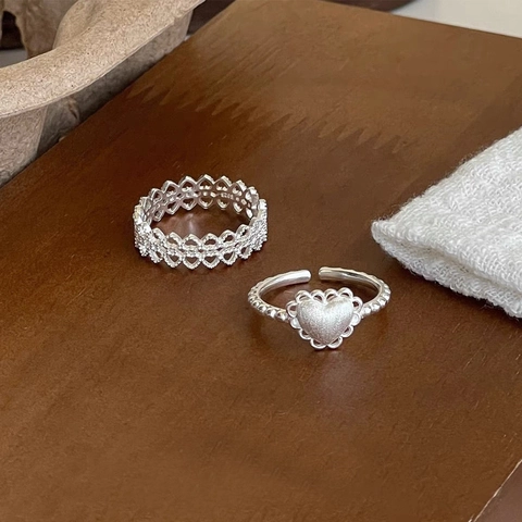 Bague Ouverte en Argent Sterling S925 Cœur en Dentelle pour Femme Ajustable Luxe Léger Mat Cœur Bordure Fleur Bijoux Cadeau