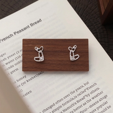 S999 Sterling Silver Double Heart Stud Earrings For Women Irregular Hammered Texture Rhinestone Inlaid Minimalist Jewelry