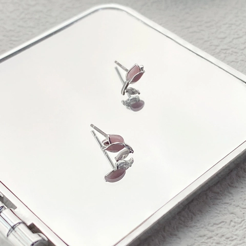 S999 Sterlingsilber Tulpe Ohrstecker Rosa Emaille Blume Strass Eingelegt Süße Florale Ohrringe Damen Schmuck Geschenk