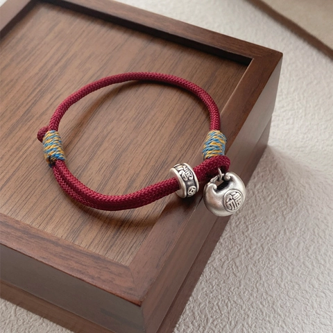 Bracciale Vintage in Corda Rossa in Argento Fine S999 per Donna Stile Cinese Intrecciato a Mano Con Lucchetto Fu Gioielli