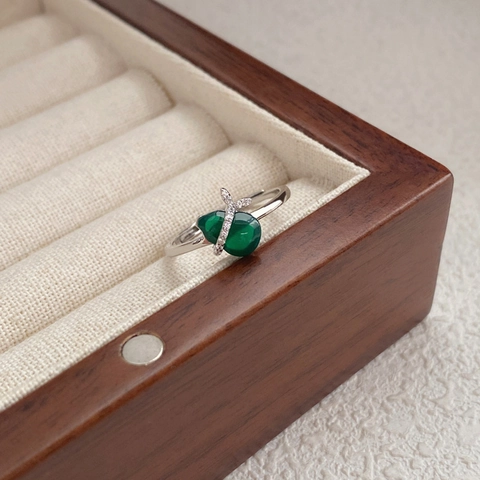 Anillo Ajustable de Plata de Ley S925 Con Calcedonia Artificial Verde Forma de Calabaza y Strass Joyería de Nuevo Estilo Chino Mujer