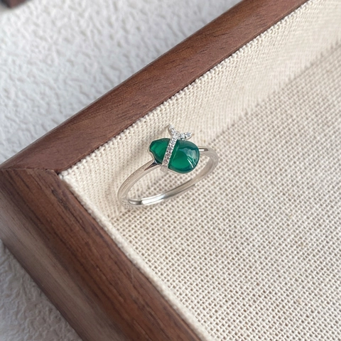 Anillo Ajustable de Plata de Ley S925 Con Calcedonia Artificial Verde Forma de Calabaza y Strass Joyería de Nuevo Estilo Chino Mujer