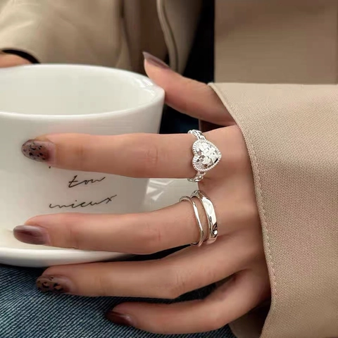 925 Sterlingsilber Herz Verstellbar Offener Ring Minimalistische Gehämmerte Textur Kettenglied Eleganter Schmuck Geschenk Für Damen