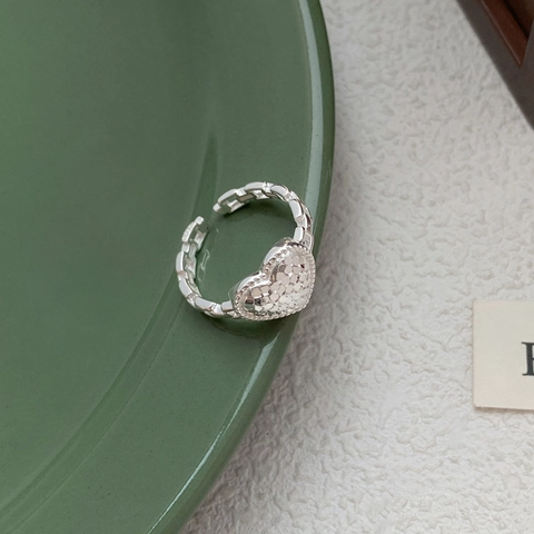 925 Sterlingsilber Herz Verstellbar Offener Ring Minimalistische Gehämmerte Textur Kettenglied Eleganter Schmuck Geschenk Für Damen