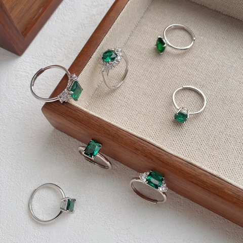 S925 Sterling Zilver Smaragdgroene Zirconia Open Ring Voor Vrouwen Luxe Geometrische Ingelegde Verstelbare Vingerring Sieraden Cadeau