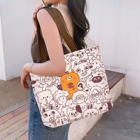 Sac Cabas en Toile Femmes Grande Capacité Sac à Bandoulière Casual Mignon Imprimé Cartoon Sac à Main Sac d'École Étudiant