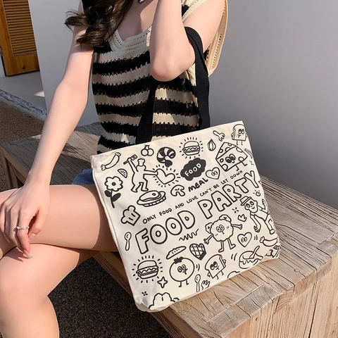Canvas Tote Bag Large Capacity Shoulder Handbag Zipper Closure Cartoon Graffiti Printed Casual Streetwear For Women