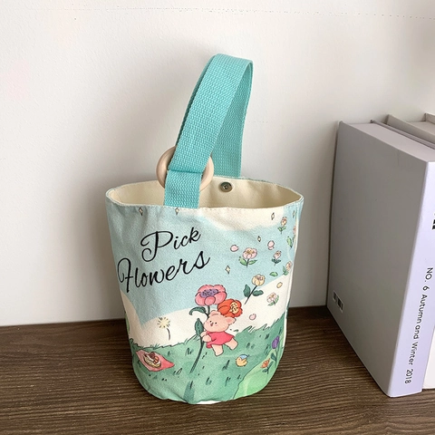 Japanese Style Canvas Bucket Bag For Women Cute Cartoon Printed Handbag With Wooden Ring Portable Commuter Tote Bag