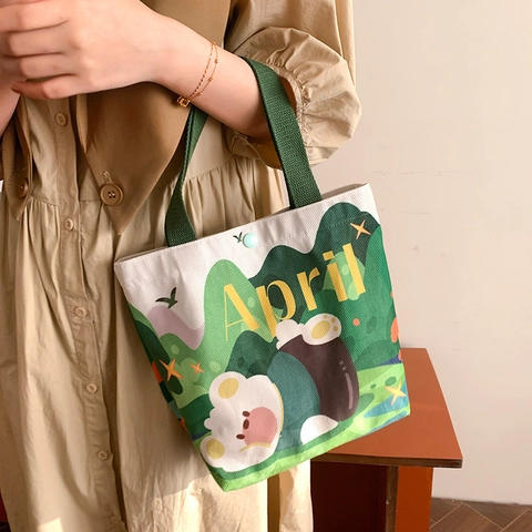 Cute Cartoon Canvas Tote Bag Large Capacity Handbag For Women Students Portable Lunch Bag Korean Style Graphic Print Bag