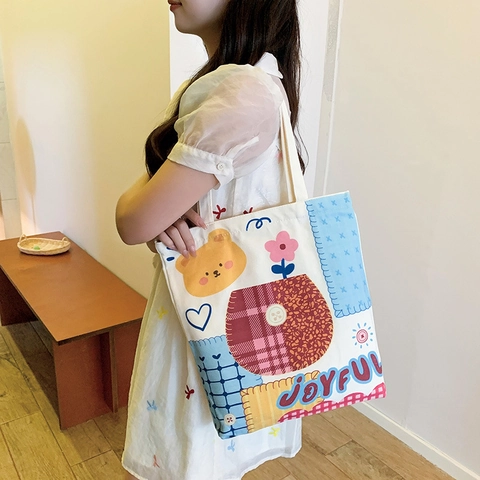 Cartoon Canvas Tote Bag Large Capacity Printed Shoulder Bag For Women Student Casual Shopping Handbag