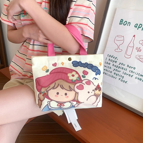 Korean Style Cute Cartoon Canvas Handbag Casual Printed Tote Lunch Bag Snaps Closed Mini Square Top Handle Bag For Commuting Women