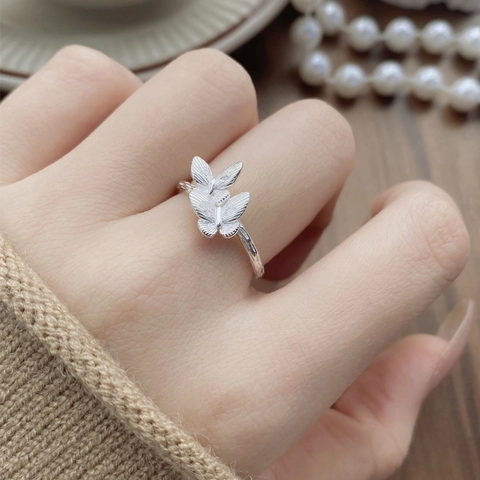 Anillo Abierto de Plata de Ley S925 Doble Mariposa Mujer Dulce Ajustable Textura Irregular Anillo Elegante Joyería de Lujo