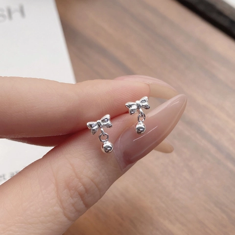 S999 Fine Silver Bowknot Stud Earrings With Polished Round Bead Dangle Simple Sweet Jewelry For Women Students