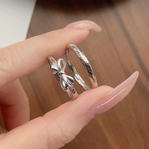 925 Sterling Silver Bow Couple Rings Adjustable Opening Polished Mobius Wave Band Rings For Women Men Valentine Jewelry Gift