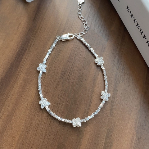 925 Sterling Silver Butterfly Beaded Bracelet Minimalist Faceted Silver Beads Heart Charm Adjustable Bracelet Elegant Jewelry For Women