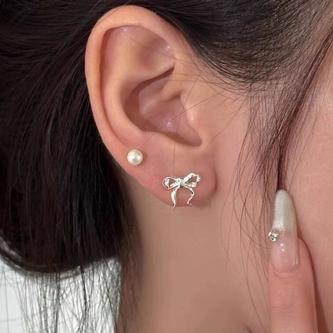 S925 Sterling Silver Bow Ribbon Stud Earrings For Women Minimalist Sweet Ribbon Design Elegant Polished Jewelry Anniversary Gift