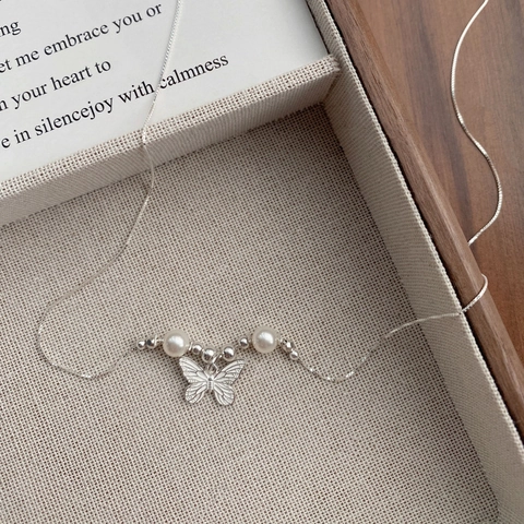 Collar con Colgante de Mariposa de Plata de Ley 925 Elegante Cadena de Clavícula de Perla Artificial Joyería Hecha a Mano para Mujer