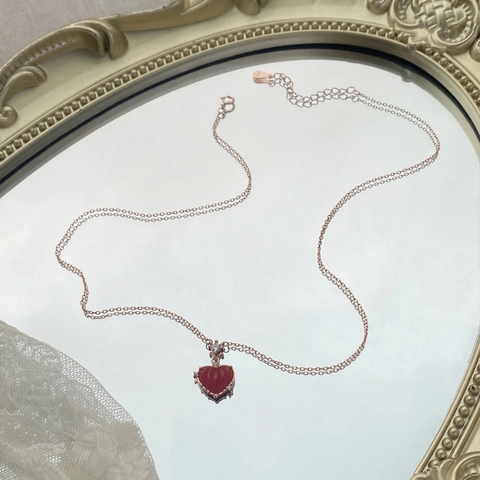 925 Sterling Silver Red Heart Pendant Necklace For Women Fluted Red Turquoise Rhinestone Heart Jewelry Gift