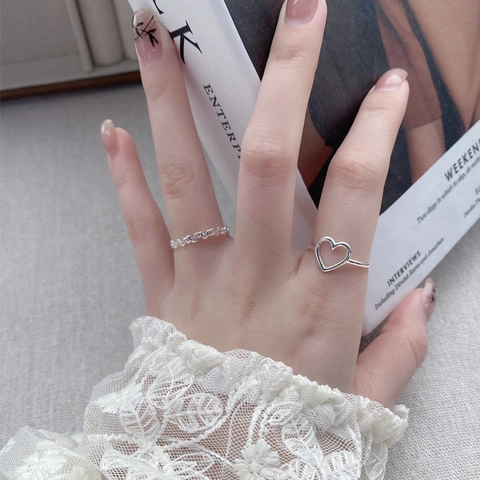S925 Sterling Silver Hollow Heart Open Rings For Women Simple Niche Sweet Romantic Peach Heart Stacking Jewelry For Dating