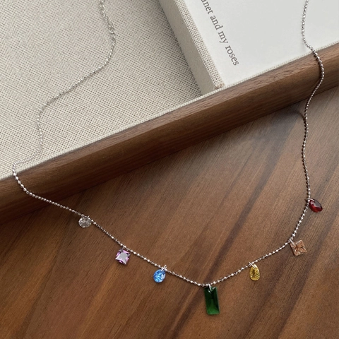 Collar Arcoíris de Plata de Ley S925 con Zirconia Cúbica de Colores Colgantes Geométricos Cadena de Bolas Joyería para Mujer