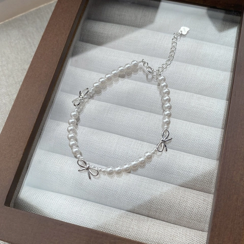 Bracciale con Künstliche Perle e Fiocco in Argento Sterling 925 per Donna Dolce Braccialetto a Catena Regolabile Elegante Gioielli di Lusso
