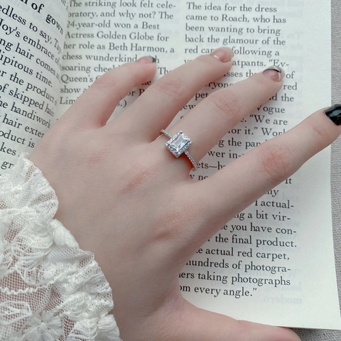 Anillo Halo de Plata de Ley S925 de Lujo Con Circonita Cúbica Rectangular Para Mujer Moda Abierto Ajustable Joyería